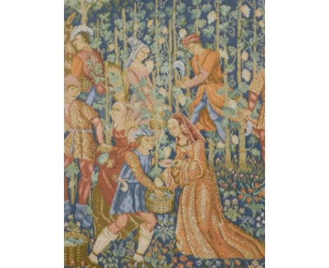 20thC Continental School.  Figures in a forest, tapestry, unsigned, 48cm x 44cm.