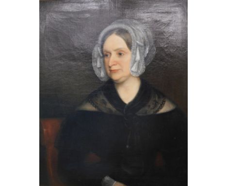 19thC English School. Portrait of a lady, quarter profile in Victorian mourning dress, seated in a chair, oil on canvas, unsi