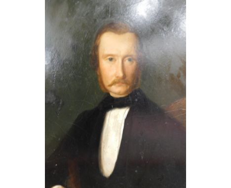 19thC English School. Portrait of a gentleman seated in black jacket, oil on canvas laid on board, unsigned, 33cm x 24cm and 