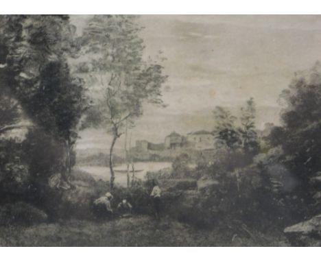 After Corot. Figures in a landscape before buildings, etching, signature to the mount, 16cm x 26cm.