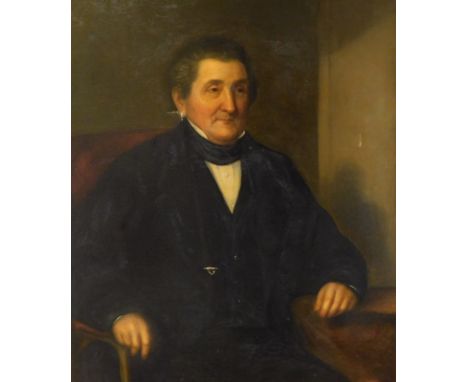 19thC English School. Portrait of John Robinson Esq, in a seated pose, oil on canvas, bears a plaque to the frame inscribed '