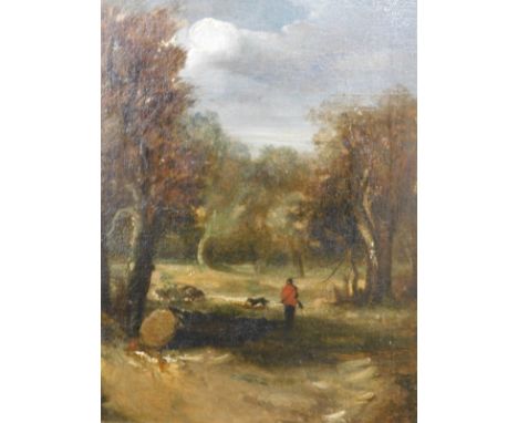 Manner of Constable.  Figure on a tree lined path, twilight evening, clouds gathering, oil on canvas, unsigned, 31cm x 27cm.