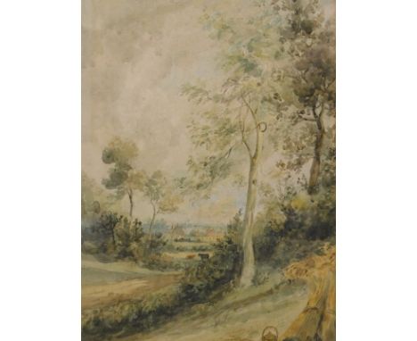 Manner of Constable.  Picnic basket and wheat before path, cattle and trees, watercolour, unsigned, 40cm x 27cm.