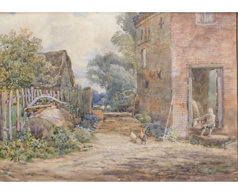 E. Davies (fl.1886).  Farmhand seated on a step with cockerels in a farmyard, watercolour, signed and dated 1886, 27cm x 34cm