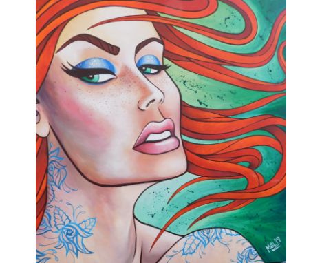 Mel Langton (20thC). Portrait of a tattooed lady, acrylic on canvas, signed and dated (20)19, 93cm x 90cm.