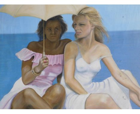 Les Benson (20thC). Portrait of two ladies on a beach under umbrella, oil on canvas, signed, 85cm x 86cm.