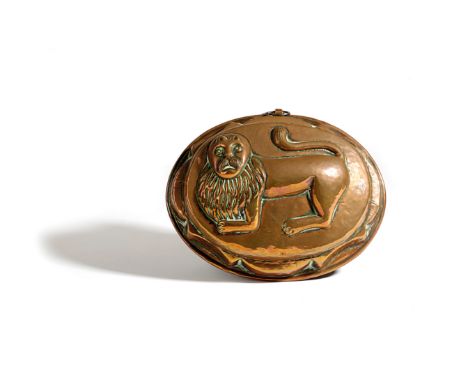 A FOLK ART COPPER JELLY MOULD 19TH CENTURY modelled with a naive lion, the face possibly a satirical portrait of a politician