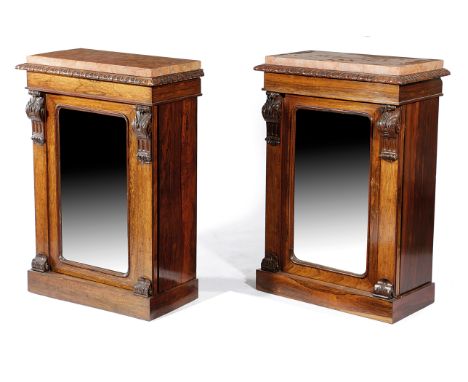 λ A PAIR OF EARLY VICTORIAN ROSEWOOD SIDE CABINETS BY JOHNSTONE &amp; JEANES, C.1840 each with a pink breche marble top, abov