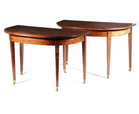 A PAIR OF GEORGE III MAHOGANY CONSOLE TABLES LATE 18TH CENTURY each with a 'D' shape top, on square tapering legs and brass c