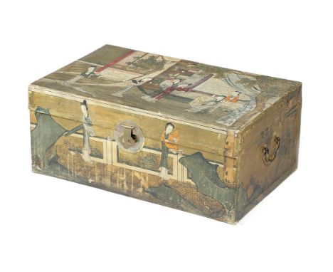 A CHINESE PAINTED VELLUM TRUNK EARLY 20TH CENTURY decorated with courtly ladies in pavilions, taking tea, with pine and prunu