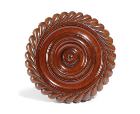 A REGENCY SCOTTISH MAHOGANY WINE DECANTER COASTER BY JAMES MEIN OF KELSO, C.1815-20 the dished top with a gadrooned edge, on 