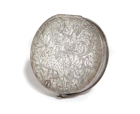 A RARE CHARLES II STEEL SNUFF BOX C.1660-80 the hinged lid engraved with a leopard amongst scrolling foliage 7cm wide Provena