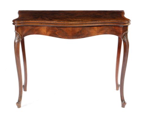 A GEORGE III MAHOGANY SERPENTINE CARD TABLE C.1780-90 the crossbanded fold-over top revealing a baize lined playing surface, 