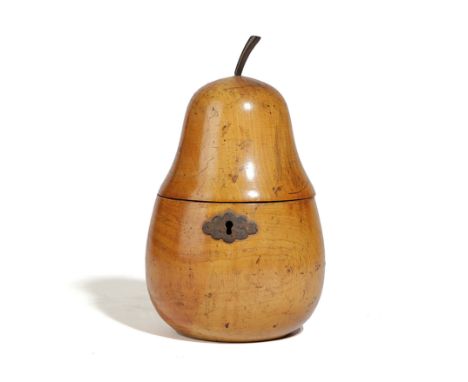 A TREEN FRUITWOOD TEA CADDY IN THE FORM OF A PEAR PROBABLY GERMAN, LATE 18TH / EARLY 19TH CENTURY with a stalk finial and a s