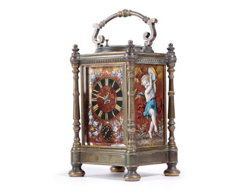 A FRENCH BRASS AND LIMOGES ENAMEL CARRIAGE CLOCK LATE 19TH CENTURY the brass eight day repeating movement with an alarm, the 