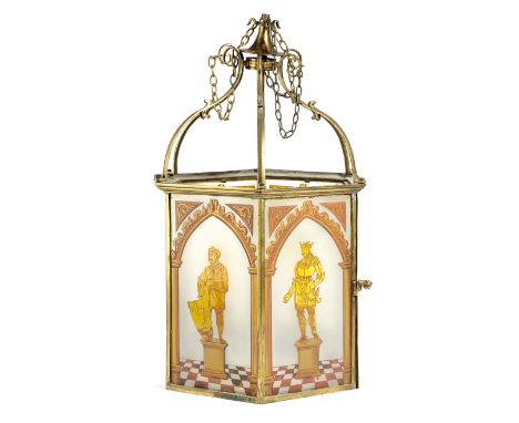 A VICTORIAN GILT BRASS HEXAGONAL HALL LANTERN LATE 19TH CENTURY with scroll supports above glass panels, four decorated with 