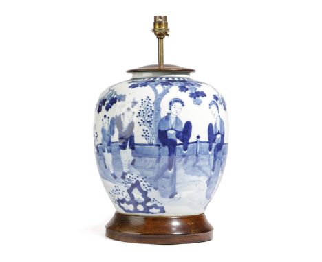 A CHINESE BLUE AND WHITE PORCELAIN VASE TABLE LAMP with later wooden mounts 40cm high