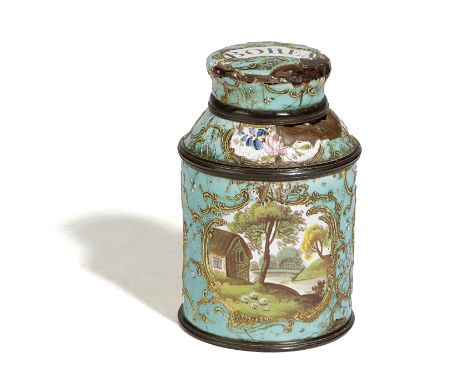 A GEORGE III BILSTON ENAMEL TEA CANISTER / CADDY C.1760 decorated with gilt Rococo scrolls on a turquoise ground, with panels