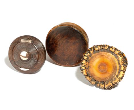 THREE SNUFF BOXES 18TH CENTURY AND LATER one in horn, possibly Welsh, the lid inscribed indistinctly 'Raglan', a stag antler 