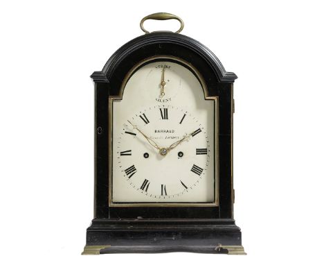 A GEORGE III EBONY BRACKET CLOCK BY BARRAUD LONDON, C.1770 the brass eight day twin fusee movement with four turned pillars a