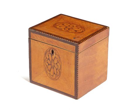 A GEORGE III SATINWOOD AND MARQUETRY TEA CADDY C.1790-1800 with barber's pole stringing and purpleheart banding, inlaid with 