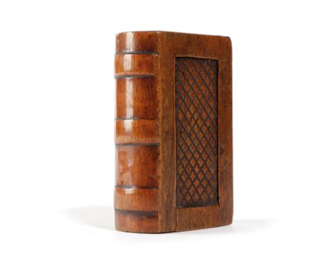 A VICTORIAN MAHOGANY SNUFF BOX IN THE FORM OF A BOOK MID-19TH CENTURY with a sliding cover 9cm wide