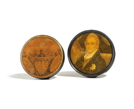 A FRENCH PAPIER-MACHE SNUFF BOX EARLY 19TH CENTURY printed with the 'Progression de l'Ecole du Soldat, Bataillon and Peloton'