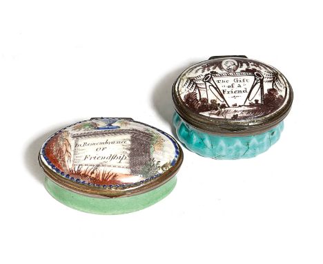 TWO GEORGE III ENAMEL PATCH BOXES SOUTH STAFFORDSHIRE, C.1770-80 one with a portrait rondel of George III, inscribed 'The Gif