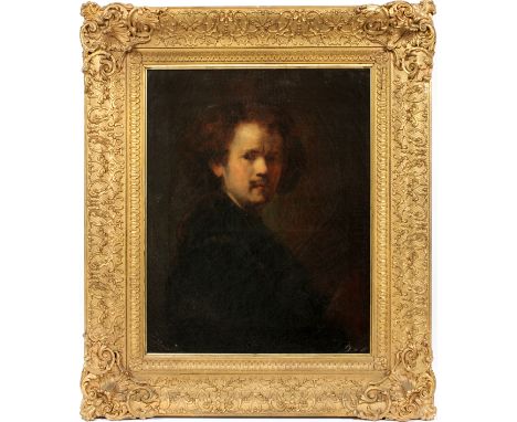 AFTER REMBRANDT, OIL ON CANVAS, C. LATE 19TH C., H 25", W 21", PORTRAIT OF REMBRANDT WITH A GOLD CHAINUnsigned; period gilt f