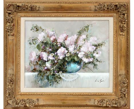 LUCIA SARTO OIL ON CANVAS, H 16", L 20", STILL LIFELucia Sarto [Italian, B. 1950].  Depicting a still life with flowers in a 