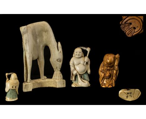 Netsuke Interest - Chinese Ivory figure of Hotei measures 3" high, signed to base.  Also, a Boxwood carving of a Sage 3" high