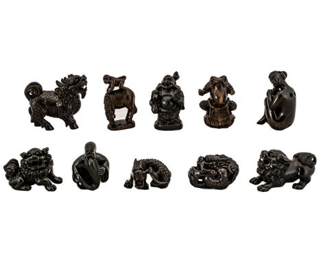 Netsuke Interest - A Total Of Ten Japanese Netsukes Comprising, Frog, Buddha, Nude Lady, Monkey On Horse, Foo Dog, Dragon Etc