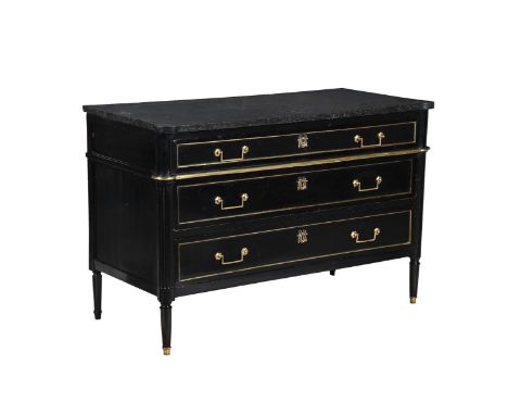 A FRENCH DIRECTOIRE MAHOGANY AND BRASS INLAID COMMODE  EARLY 19TH CENTURY  The variegated marble top above arrangement of thr
