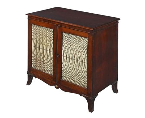 A REGENCY MAHOGANY SIDE CABINET CIRCA 1815 The wirework and fabric backed doors enclosing a shelf 91.5cm high, 95cm wide, 50.