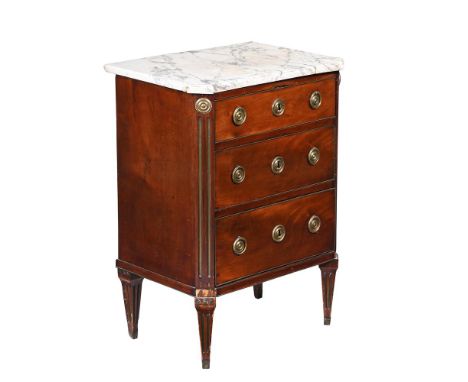 A LOUIS XVI MAHOGANY, BRASS MOUNTED AND MARBLE PETIT COMMODE OR CHEST OF DRAWERS CIRCA 1790   83.5cm high, 61cm wide, 43cm de