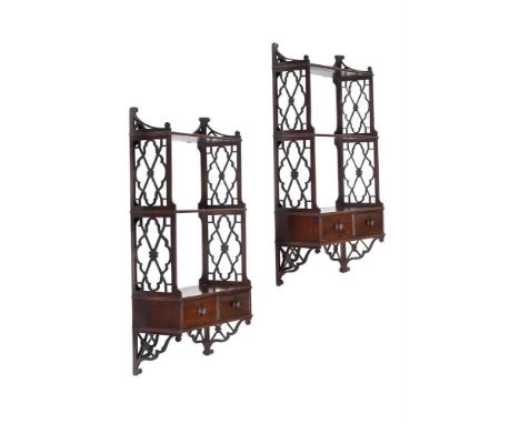 A PAIR OF MAHOGANY WALL SHELVES LATE 19TH OR EARLY 20TH CENTURY, IN CHIPPENDALE STYLE 73cm high, 39cm wide, 16cm deep