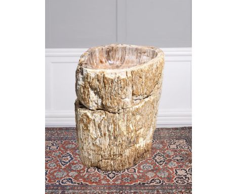 A CARVED AND PART POLISHED PETRIFIED WOOD SINK OR FOUNTAIN BASE  approximately 92cm high, 65cm wide, 46cm deep overall  Condi