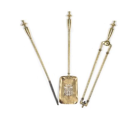 A SET OF POLISHED BRASS FIRE TOOLS 19TH CENTURY the shovel 72cm long