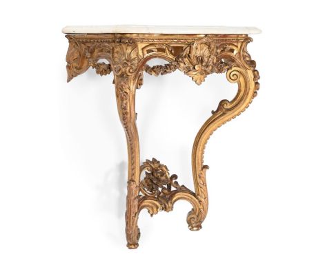 A CARVED GILTWOOD CONSOLE TABLE WITH MARBLE TOP 19TH CENTURY 91.5cm high, 73cm wide, 54cm deep  Condition Report:  This was b