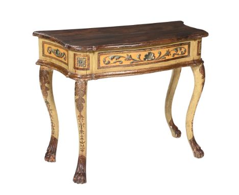 AN ITALIAN POLYCHROME PAINTED AND PARCEL GILT CONSOLE TABLE CIRCA 1800 Of serpentine outline 84cm high, 113cm wide, 49cm deep