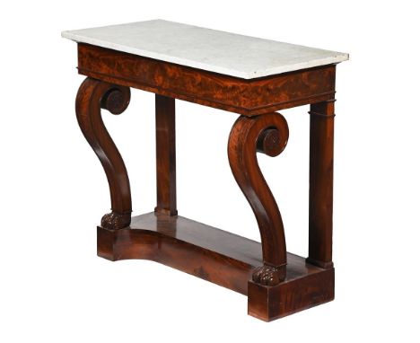 A LOUIS PHILIPPE 'FLAME' MAHOGANY CONSOLE TABLE  SECOND QUARTER 19TH CENTURY  With Carrara marble top 88cm high, 99cm wide, 4