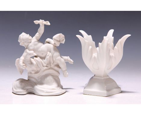 Zwei Porzellanobjekte, Nymphenburg,  weiß, eine Putte mit Adler auf Wolken, H.ca. 12.5 cm und ein Kerzenständer mit einer Bre