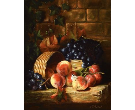 Jürgen Marcel, geb. 1951 Bingen,  Stillleben mit Obst, Korb und Schmetterling, stark realistische Malerei im Stil der alten f