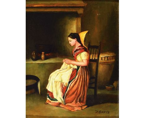 D. Goetz, Traditionalist, 20. Jh.,  Junge Frau beim Handarbeiten vor dem Herd, Öl/Holz, rechts unten signiert, ca. 25x20cm, R