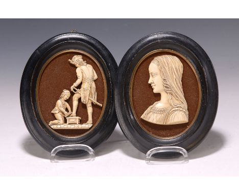 Zwei Meerschaumbilder, um 1870/80,  sign. Francois Noé: Mädchenporträt mit Haube im Profil und Knabe der einem Offizier die S