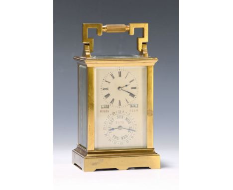 Reiseuhr mit Kalendarium, Frankreich um 1900,  für den englisch sprachlichen Raum, Messinggehäuse, allseitig facett. verglast