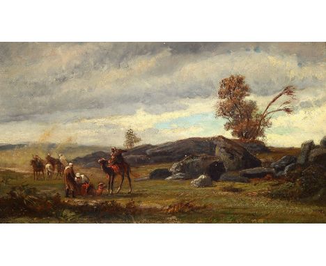 Huber, Künstler des 19.Jh.,  Beduinen mit Kamelen in weiter Landschaft, im Mittelgrund aufgewirbelter Sand, rechts unten sign