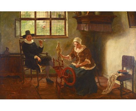 Hugo Krings, 1878 Mönchengladbach-1954 Düsseldorf,  In der niederländischen Stube, Frau am Spinnrad, Herr mit Pfeife, Öl/Lwd,