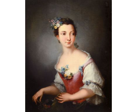 Porträtist, deutsch, um 1780,  feines Porträt einer jungen Dame mit Blumenbuketts im Haar, im Dekolleté und in der Hand, fein