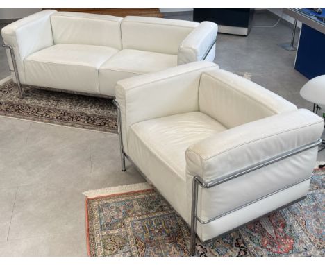 Sofa und Sessel "LC3" (Le Corbusier, Cassina, Mailand, Italien, 60/70er J.), Sofa:Zweisitzer, weißes Leder, Nr. 14537, Gr. ca